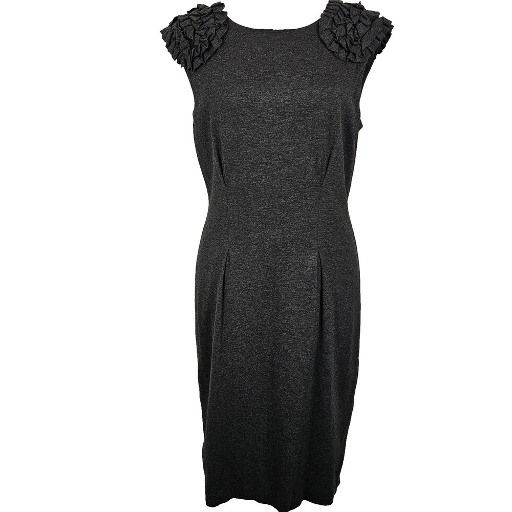 Trina Turk Sheath Dress Womens 6 Charcoal Grey Ruffle‎ Shoulder Career Workwear